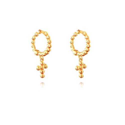 Adina Beaded Dainty Cross Drop Earrings (Gold Vermeil)