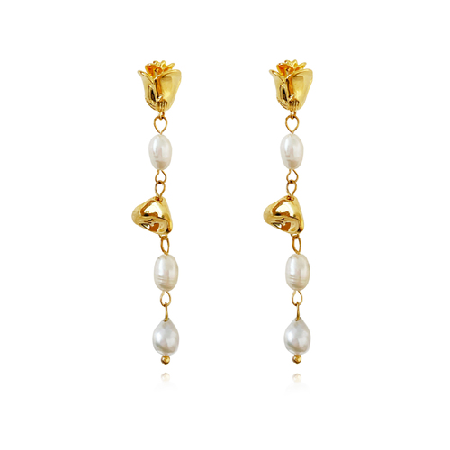 Apri Aesthetic Rose Pearl Drop Earrings (Gold)